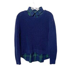 Lauren Ralph Lauren Navy Blue Sweater Green Plaid Layered Look XL 100% Cotton